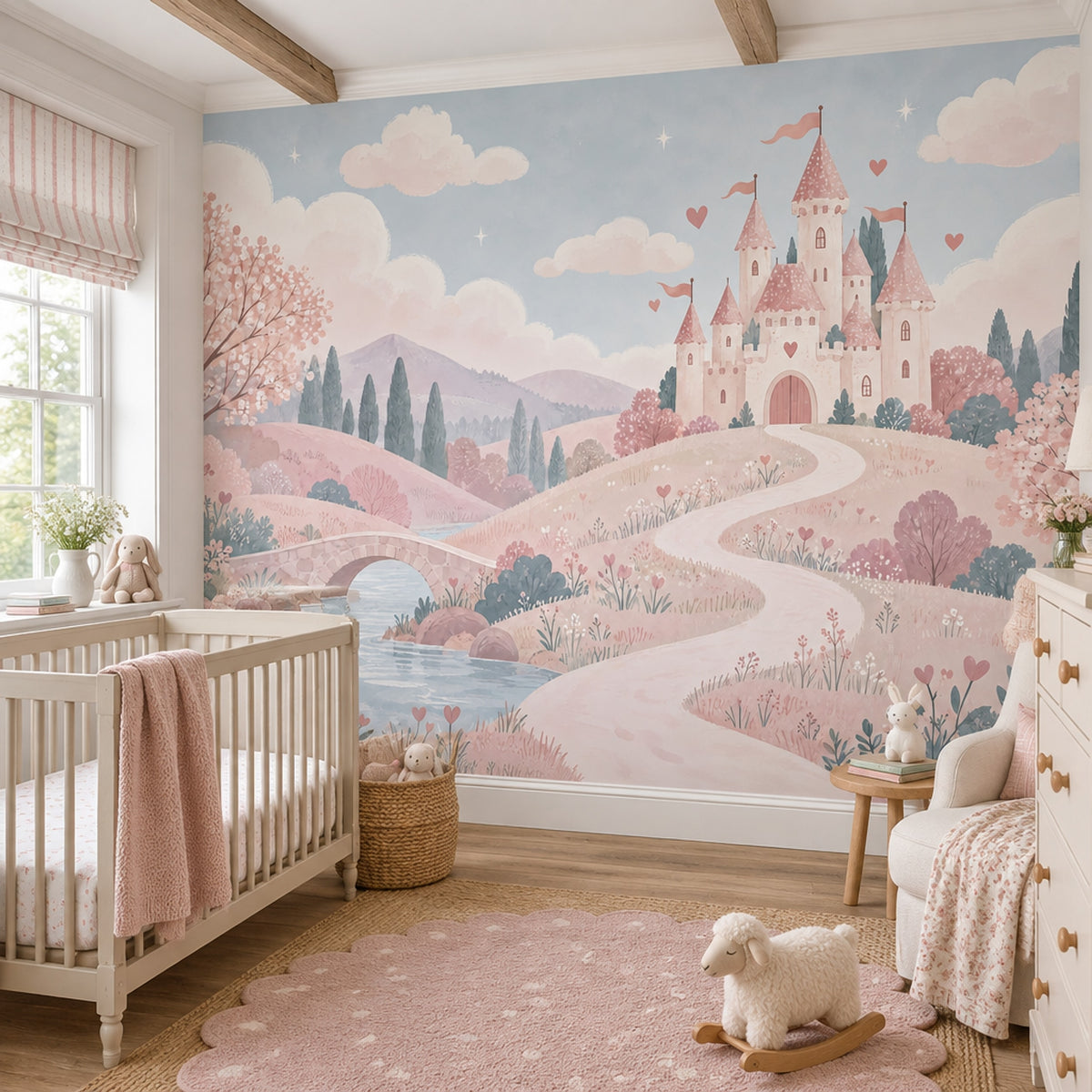 Pink Fairy Tale Castle Wallpaper Pastel Landscape Wall Mural