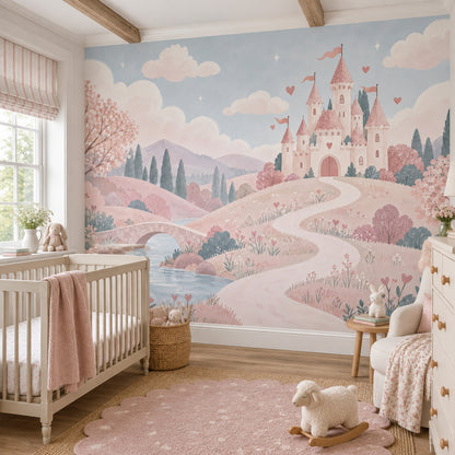Pink Fairy Tale Castle Wallpaper Pastel Landscape Wall Mural
