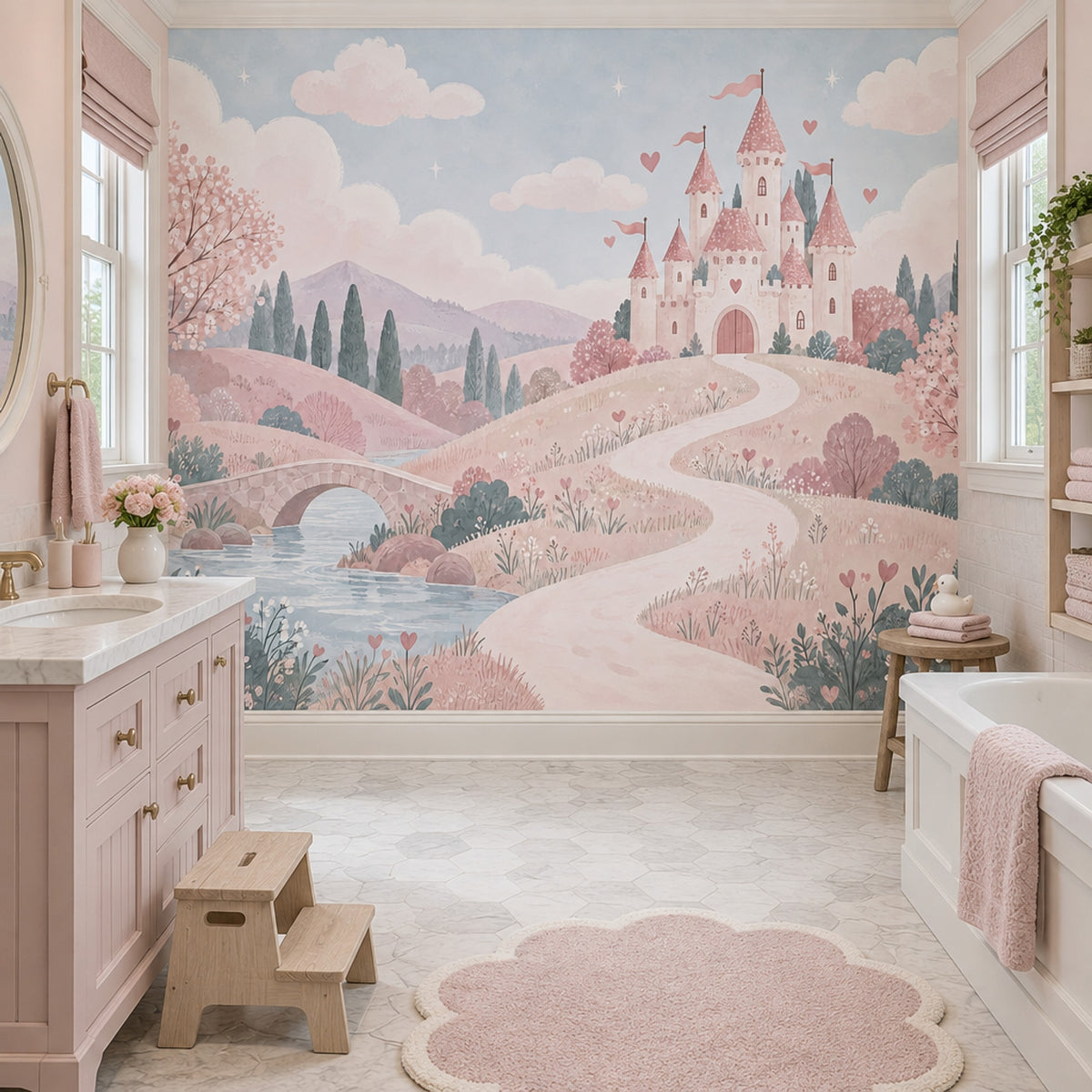 Pink Fairy Tale Castle Wallpaper Pastel Landscape Wall Mural