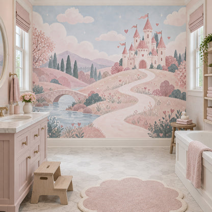 Pink Fairy Tale Castle Wallpaper Pastel Landscape Wall Mural