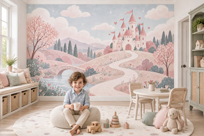 Pink Fairy Tale Castle Wallpaper Pastel Landscape Wall Mural