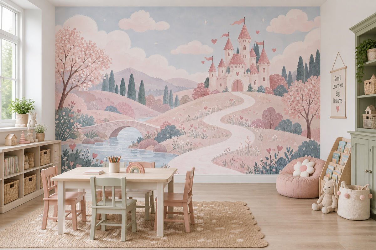 Pink Fairy Tale Castle Wallpaper Pastel Landscape Wall Mural