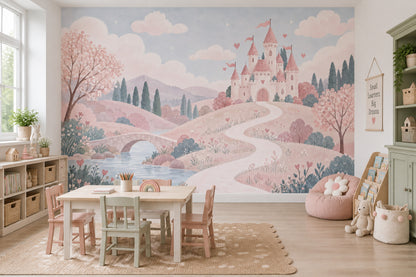 Pink Fairy Tale Castle Wallpaper Pastel Landscape Wall Mural