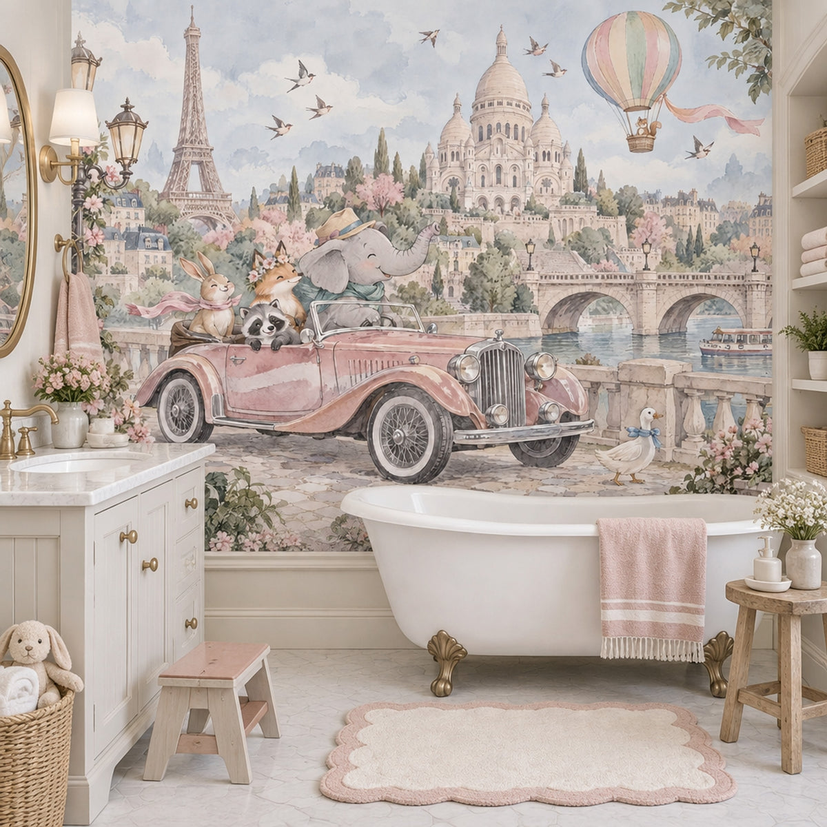 Paris Cityscape Wallpaper Watercolor Animals Wall Mural