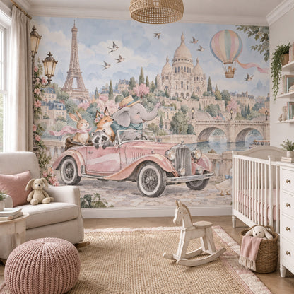 Paris Cityscape Wallpaper Watercolor Animals Wall Mural