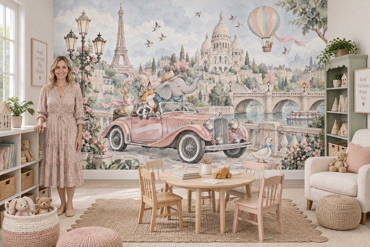 Paris Cityscape Wallpaper Watercolor Animals Wall Mural