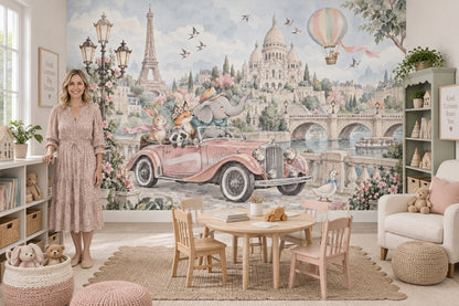 Paris Cityscape Wallpaper Watercolor Animals Wall Mural