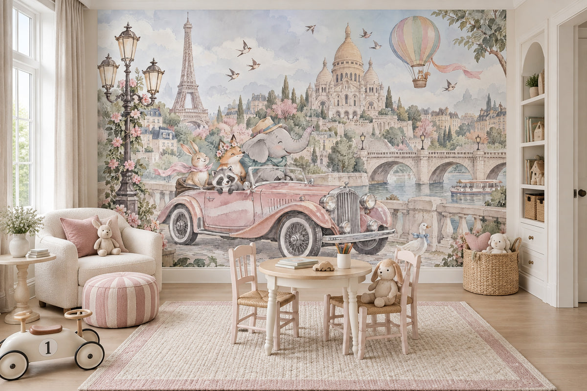 Paris Cityscape Wallpaper Watercolor Animals Wall Mural