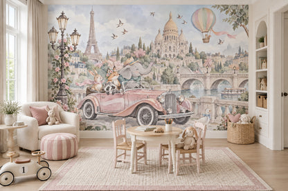 Paris Cityscape Wallpaper Watercolor Animals Wall Mural