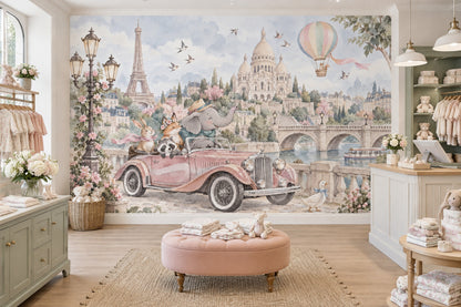Paris Cityscape Wallpaper Watercolor Animals Wall Mural