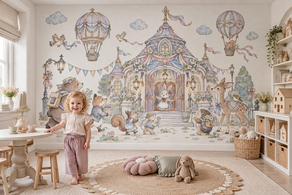 Fairy Tale Castle Animals Wallpaper Watercolor Kids Wall Mural