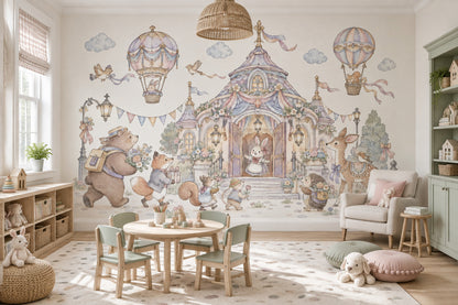 Fairy Tale Castle Animals Wallpaper Watercolor Kids Wall Mural