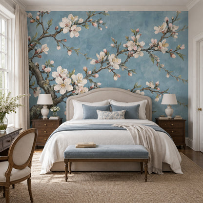 Cherry Blossom Branches Wallpaper Blue Botanical Wall Mural