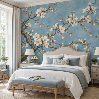 Cherry Blossom Branches Wallpaper Blue Botanical Wall Mural