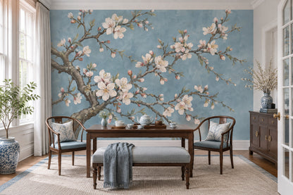 Cherry Blossom Branches Wallpaper Blue Botanical Wall Mural