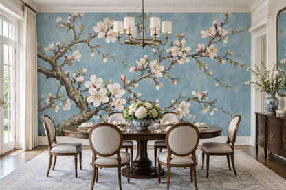 Cherry Blossom Branches Wallpaper Blue Botanical Wall Mural