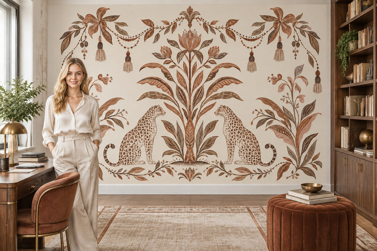 Symmetrical Leopards Wallpaper Tropical Botanical Wall Mural