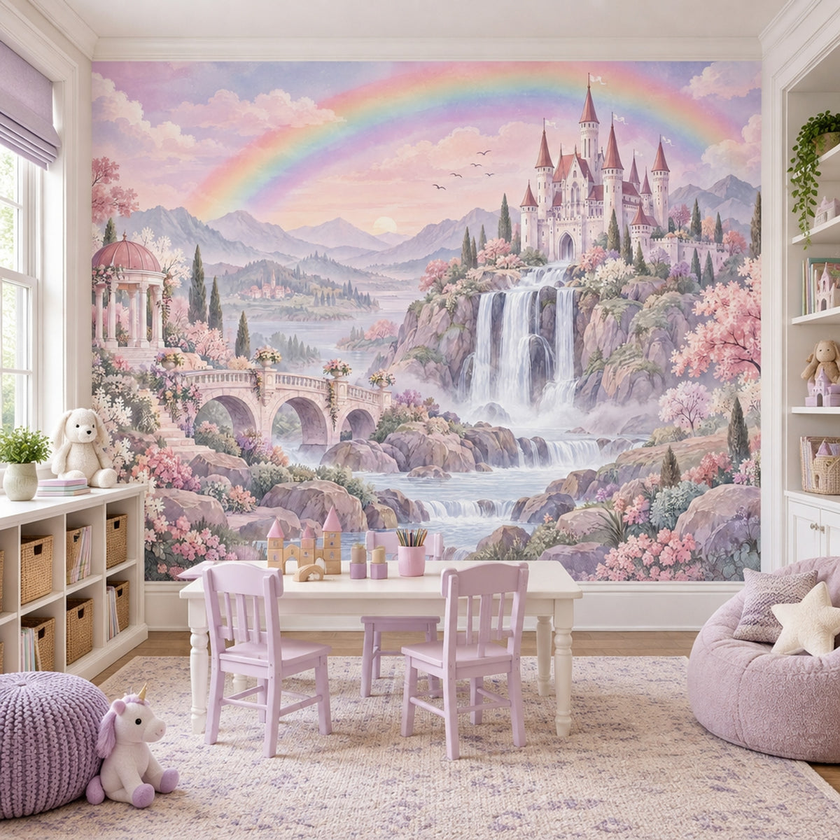 Fairy Tale Castle Wallpaper Pastel Rainbow Wall Mural