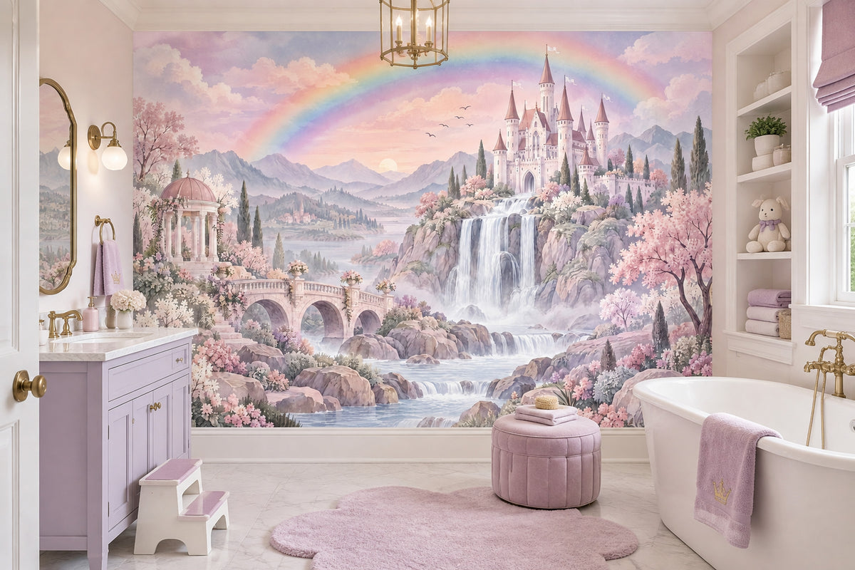 Fairy Tale Castle Wallpaper Pastel Rainbow Wall Mural