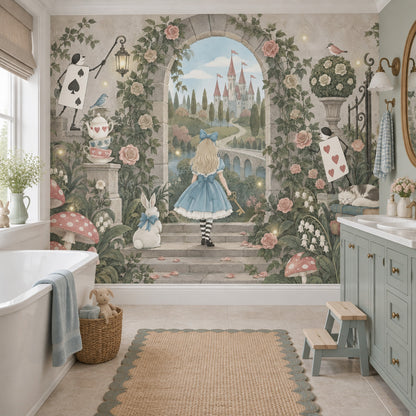 Blue Dress Girl And White Rabbit Wallpaper Storybook Garden Wall Mural
