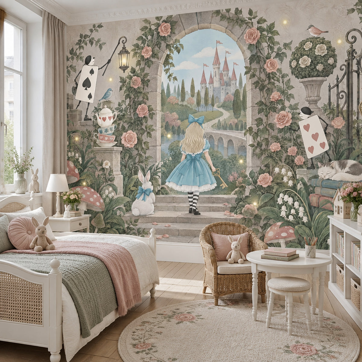 Blue Dress Girl And White Rabbit Wallpaper Storybook Garden Wall Mural