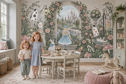 Blue Dress Girl And White Rabbit Wallpaper Storybook Garden Wall Mural