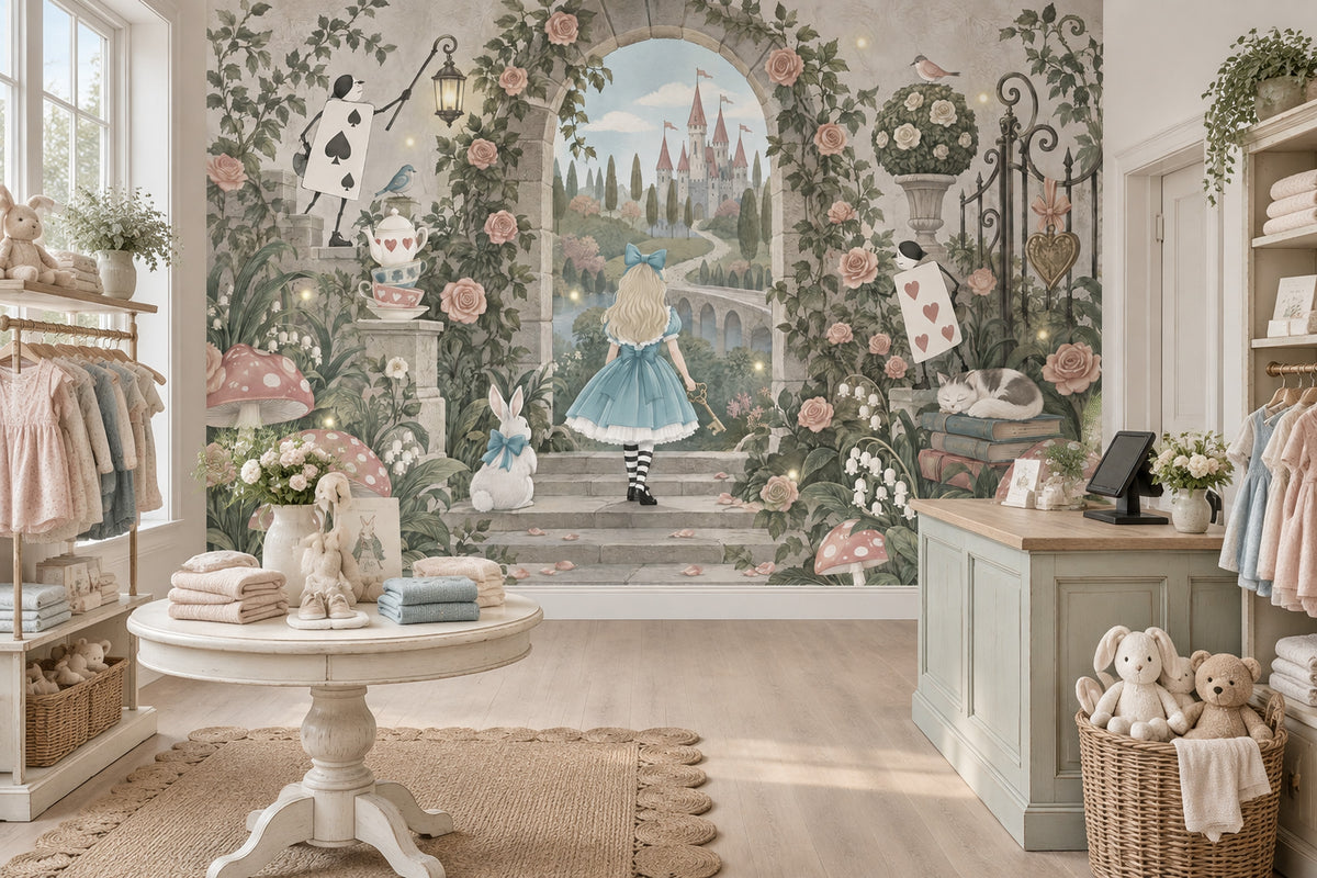 Blue Dress Girl And White Rabbit Wallpaper Storybook Garden Wall Mural