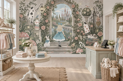 Blue Dress Girl And White Rabbit Wallpaper Storybook Garden Wall Mural