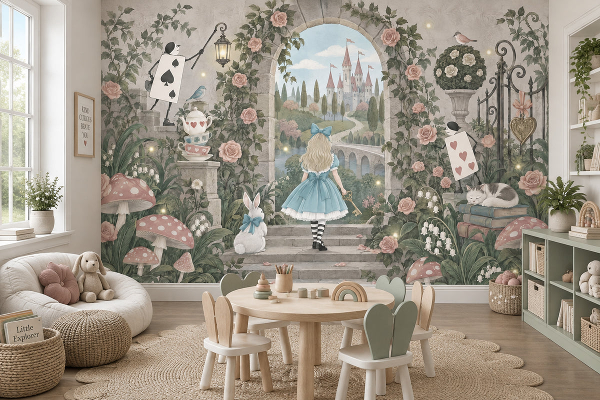 Blue Dress Girl And White Rabbit Wallpaper Storybook Garden Wall Mural