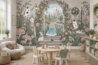 Blue Dress Girl And White Rabbit Wallpaper Storybook Garden Wall Mural