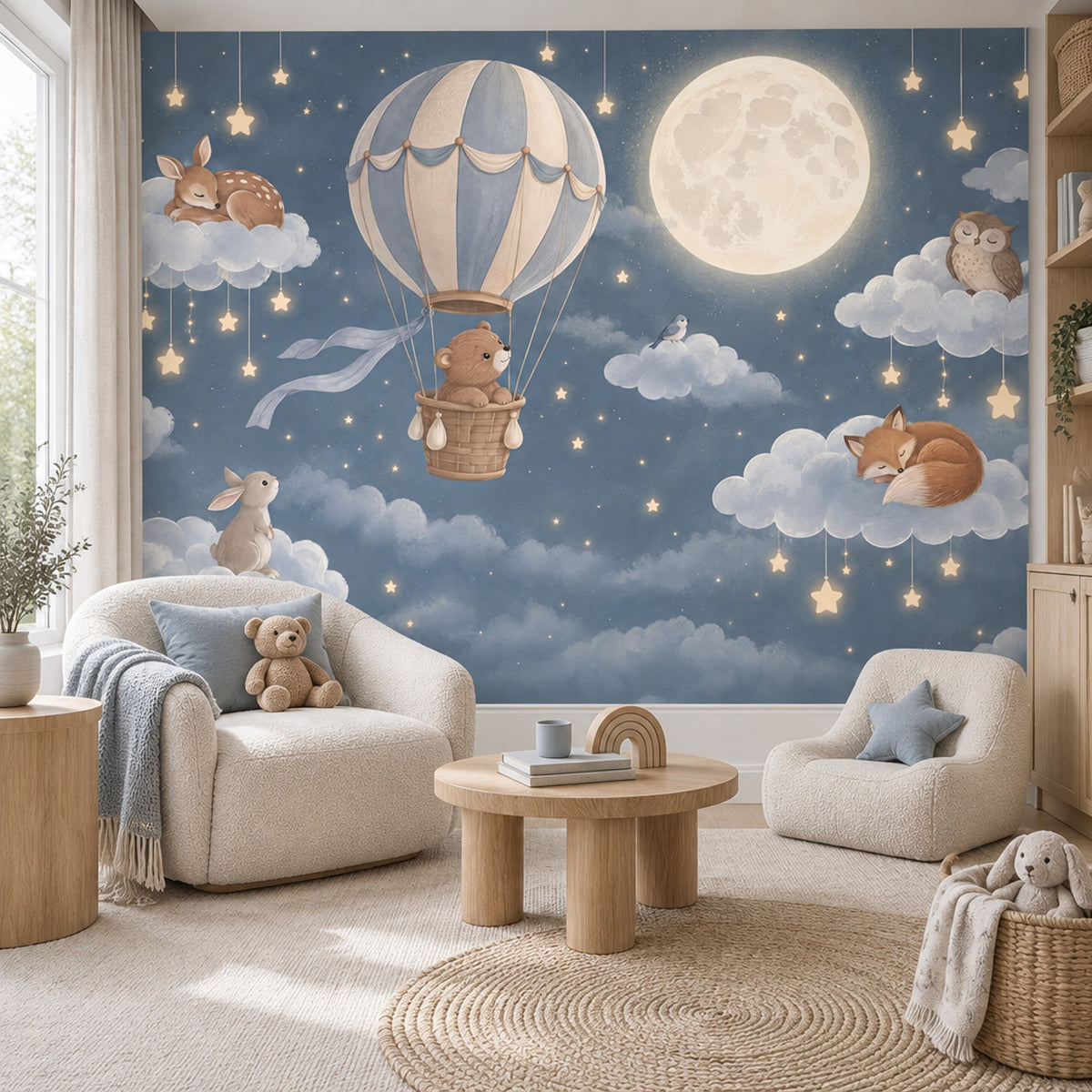 Hot Air Balloon Nursery Wallpaper Moonlit Animals Wall Mural