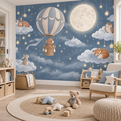 Hot Air Balloon Nursery Wallpaper Moonlit Animals Wall Mural
