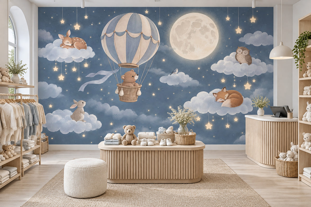 Hot Air Balloon Nursery Wallpaper Moonlit Animals Wall Mural