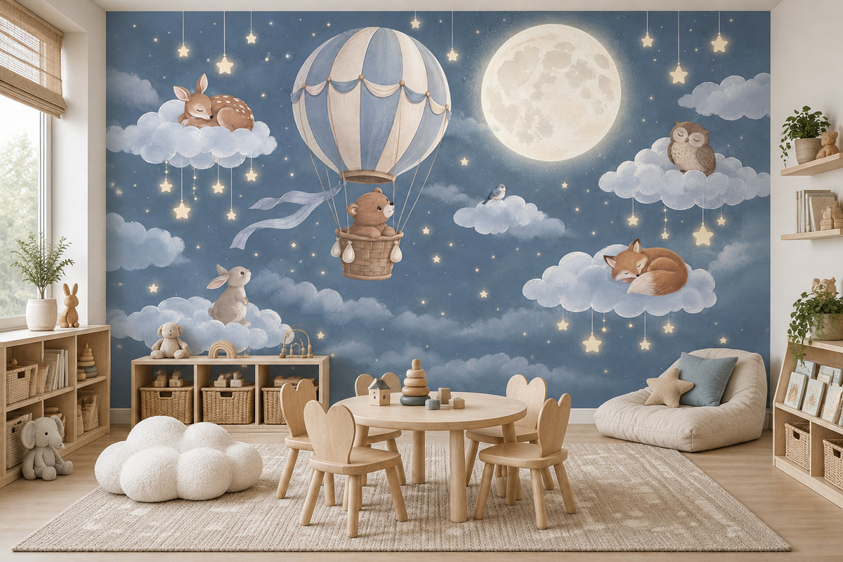 Hot Air Balloon Nursery Wallpaper Moonlit Animals Wall Mural