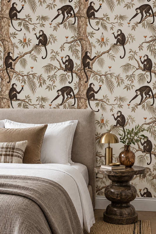 Monkeys Wallpaper Vintage Tropical Toile Cream