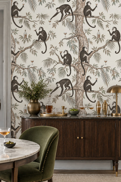 Monkeys And Tropical Branches Wallpaper Muted Green Vintage Botanical