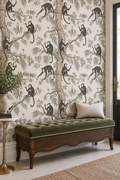 Monkeys And Tropical Branches Wallpaper Muted Green Vintage Botanical