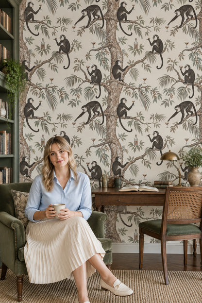 Monkeys And Tropical Branches Wallpaper Muted Green Vintage Botanical