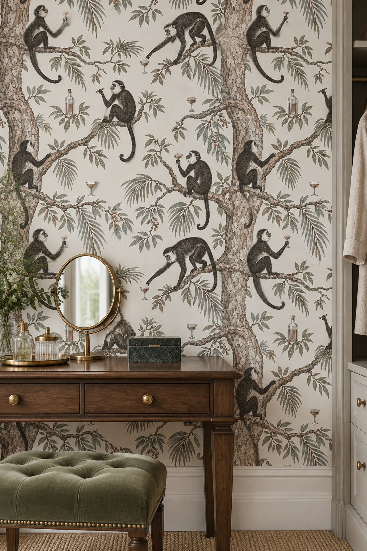 Monkeys And Tropical Branches Wallpaper Muted Green Vintage Botanical