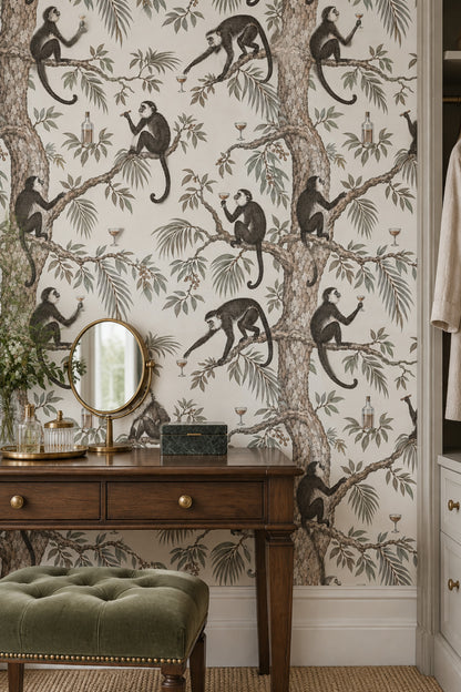 Monkeys And Tropical Branches Wallpaper Muted Green Vintage Botanical