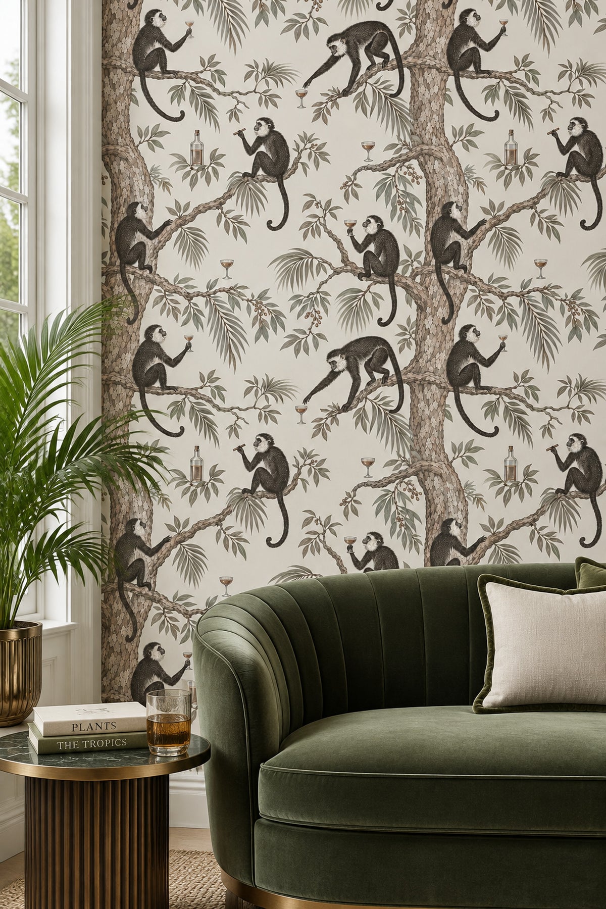 Monkeys And Tropical Branches Wallpaper Muted Green Vintage Botanical