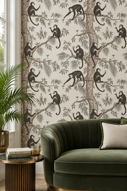 Monkeys And Tropical Branches Wallpaper Muted Green Vintage Botanical