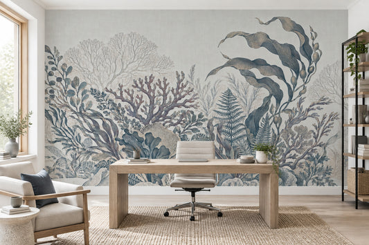Vintage Seaweed And Coral Wallpaper Coastal Botanical Wall Mural