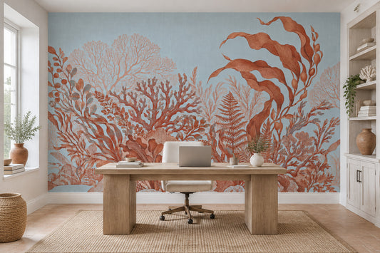 Coral And Seaweed Wallpaper Light Blue Coastal Wall Mural