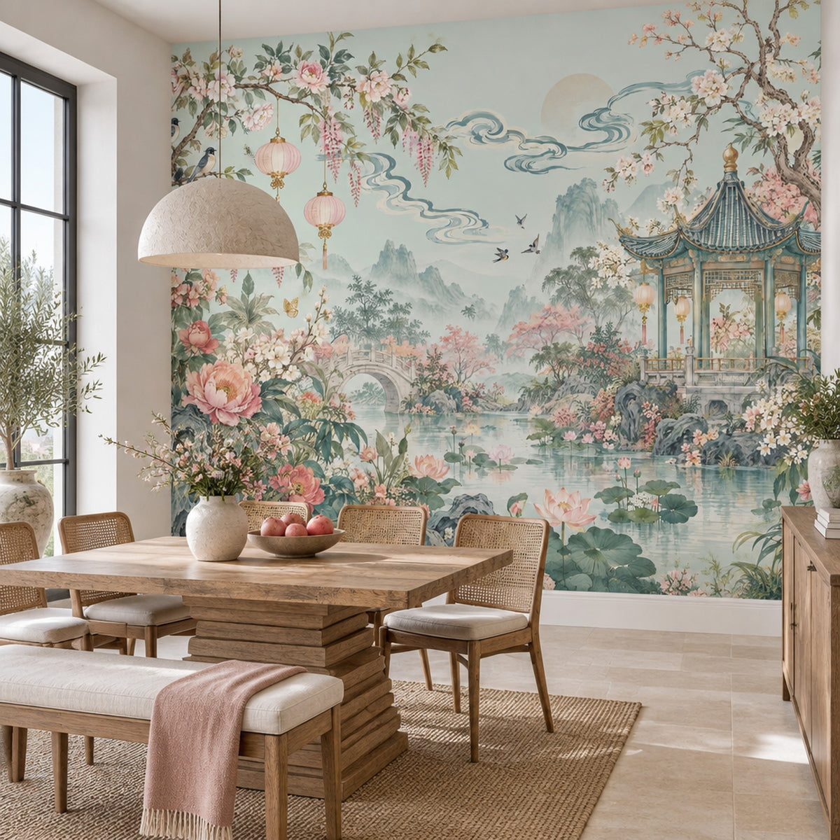 Chinoiserie Garden Pavilion Wallpaper Pastel Floral Landscape Wall Mural
