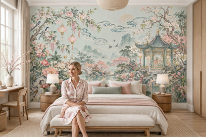 Chinoiserie Garden Pavilion Wallpaper Pastel Floral Landscape Wall Mural