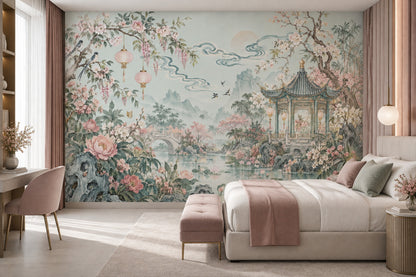 Chinoiserie Garden Pavilion Wallpaper Pastel Floral Landscape Wall Mural