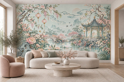 Chinoiserie Garden Pavilion Wallpaper Pastel Floral Landscape Wall Mural