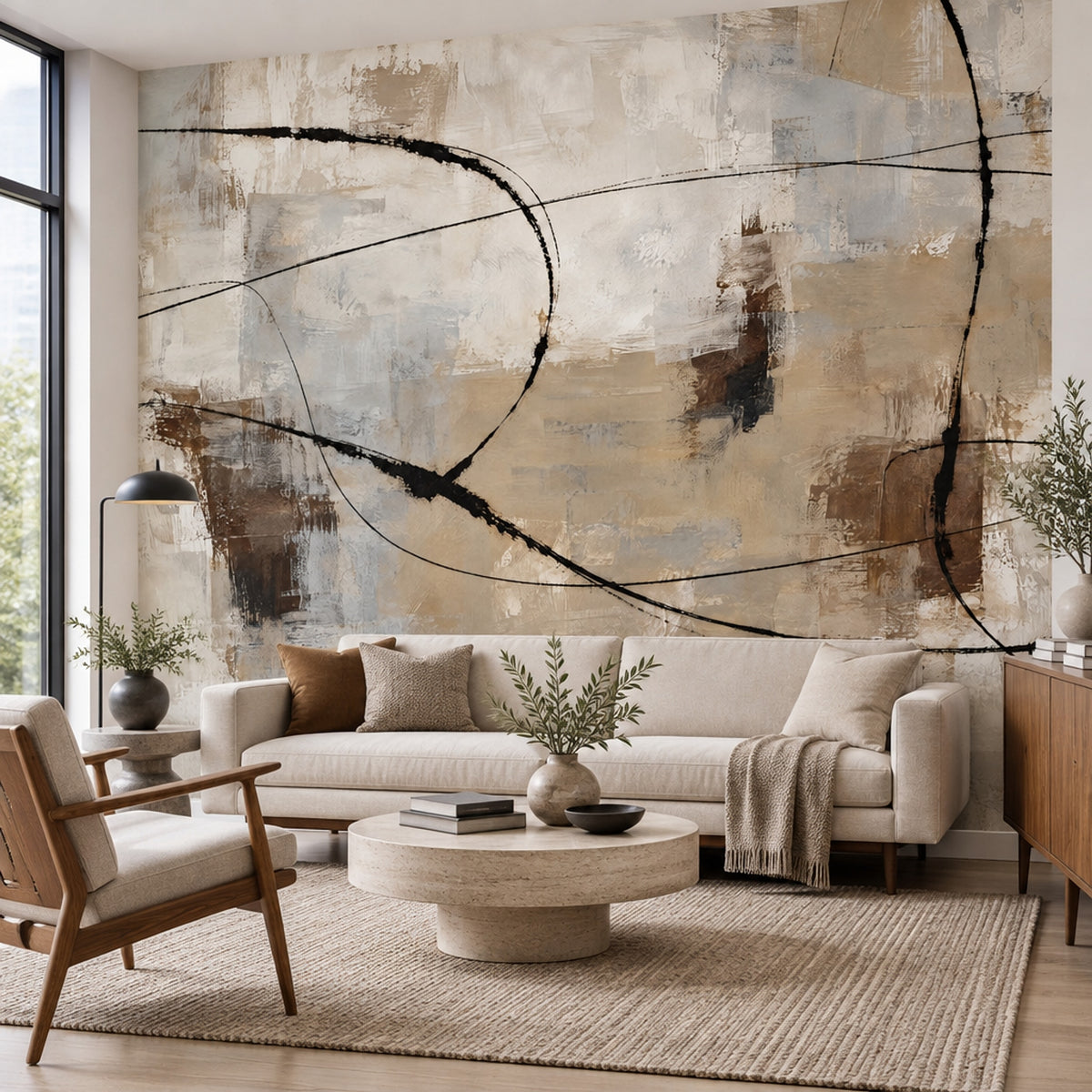 Layered Neutral Brushstrokes Wallpaper Modern Geometric Wall Mural