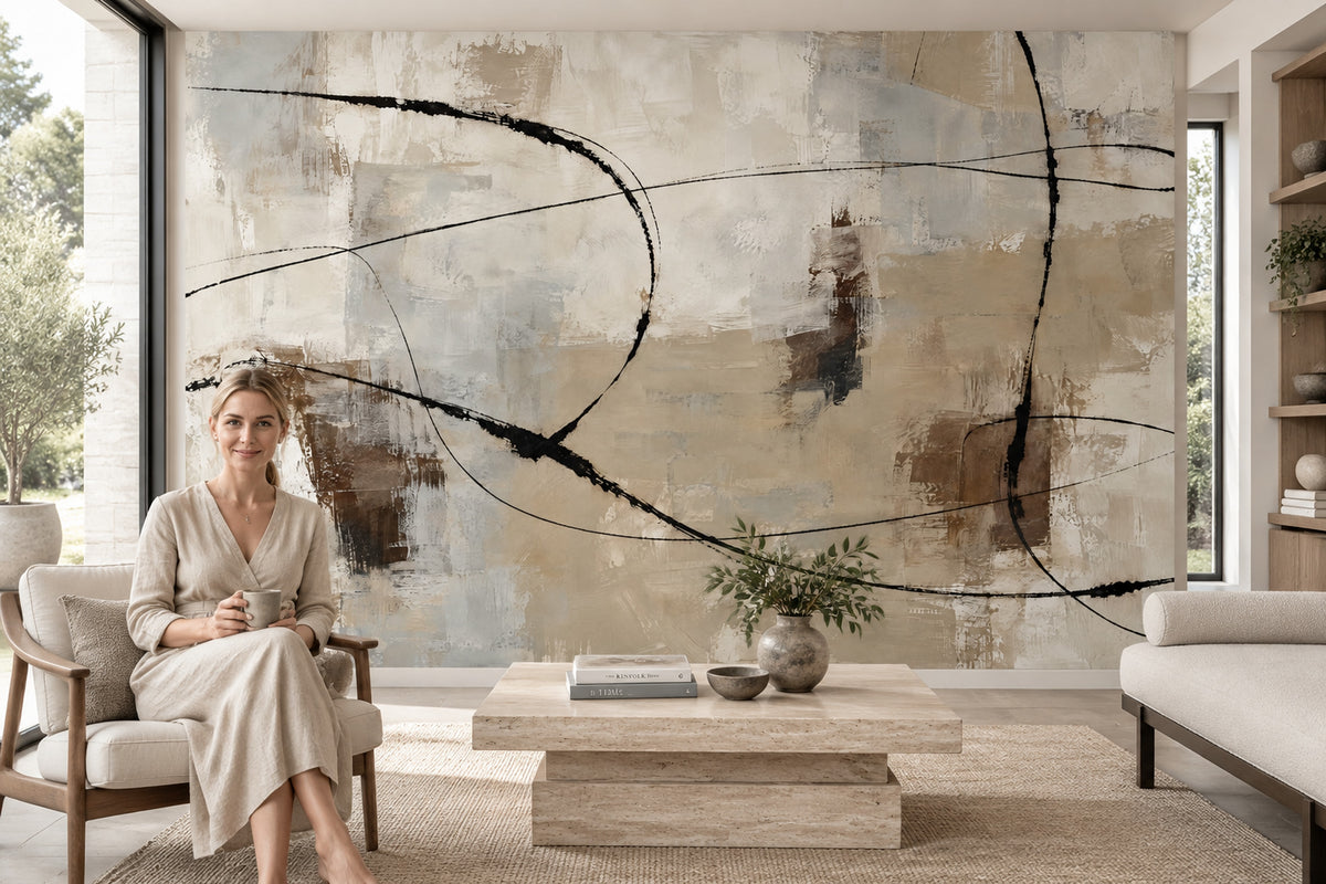Layered Neutral Brushstrokes Wallpaper Modern Geometric Wall Mural